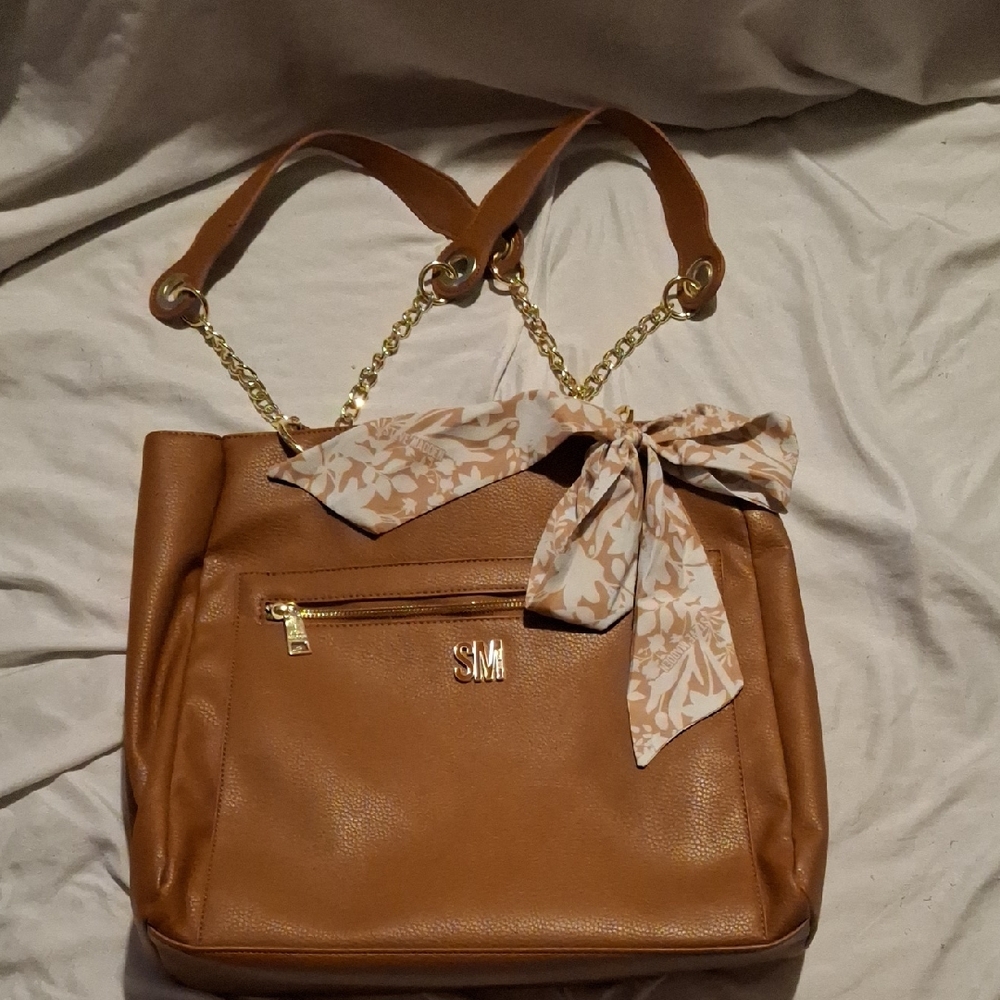 Steve Madden Caramel Tote with Gold Chain Straps and Printed Scarf
